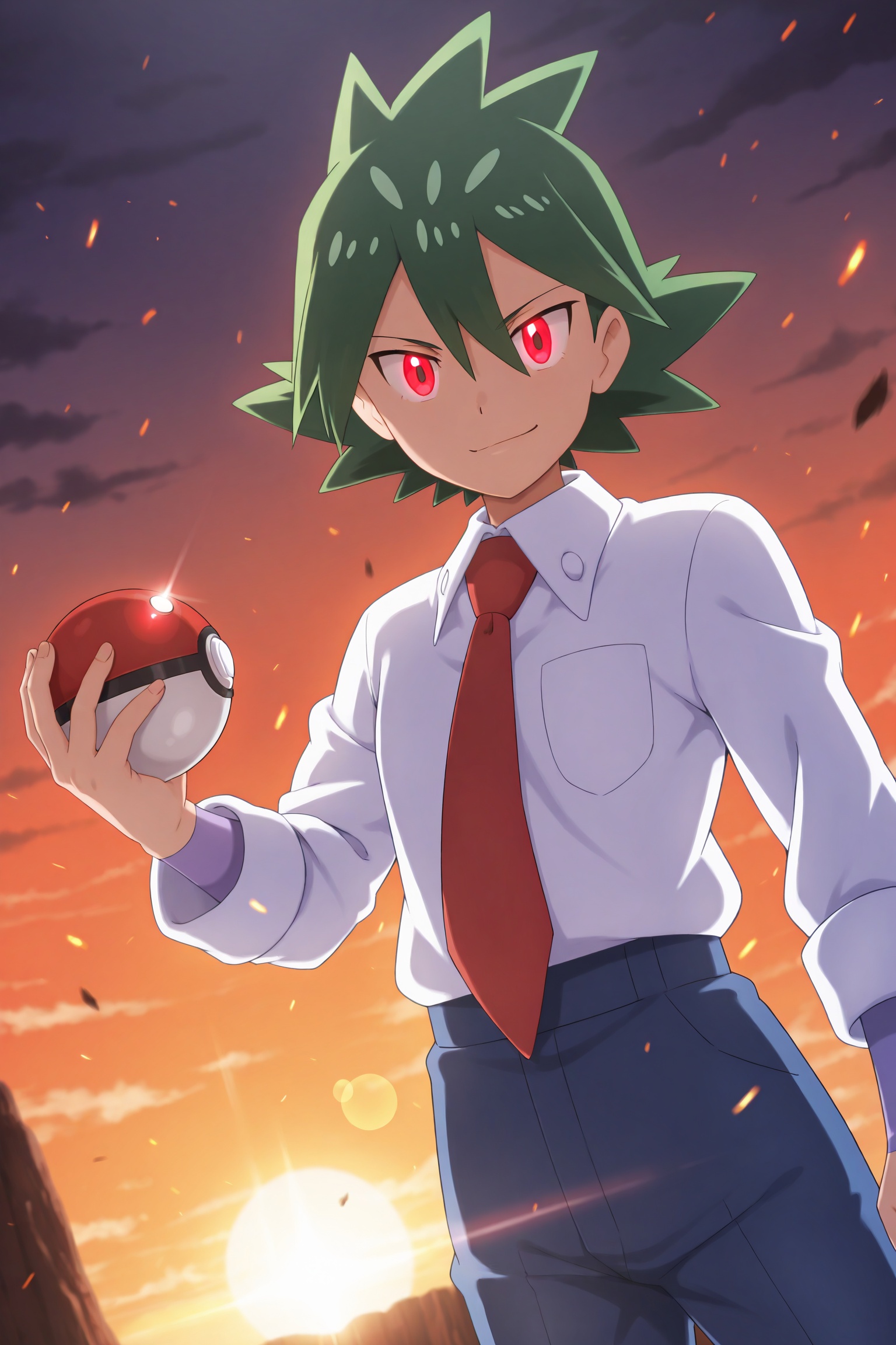 Dynamic anime illustration of Rinto from Pokémon Journeys — teenage,  slim build,  green spiky hair with three large forwa...