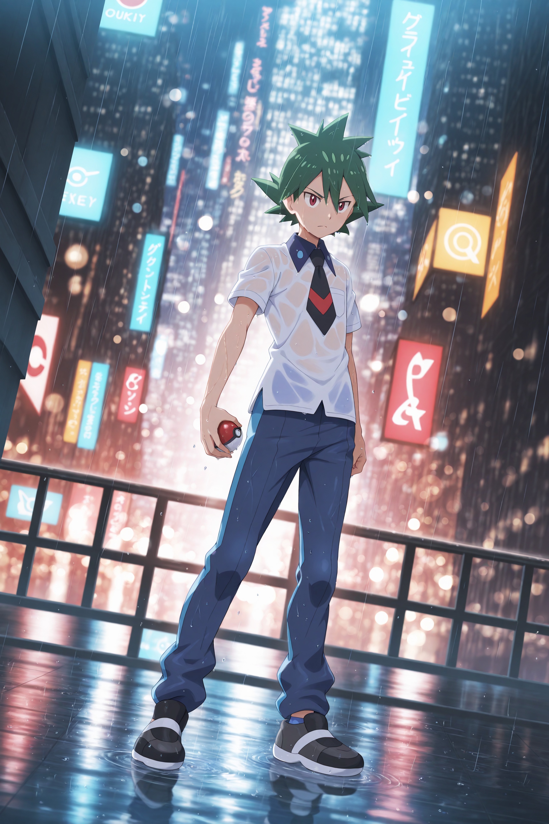 Dramatic anime cityscape of Rinto from Pokémon Journeys — teenage,  slim build,  green spiky hair blowing in wind on Tenso...