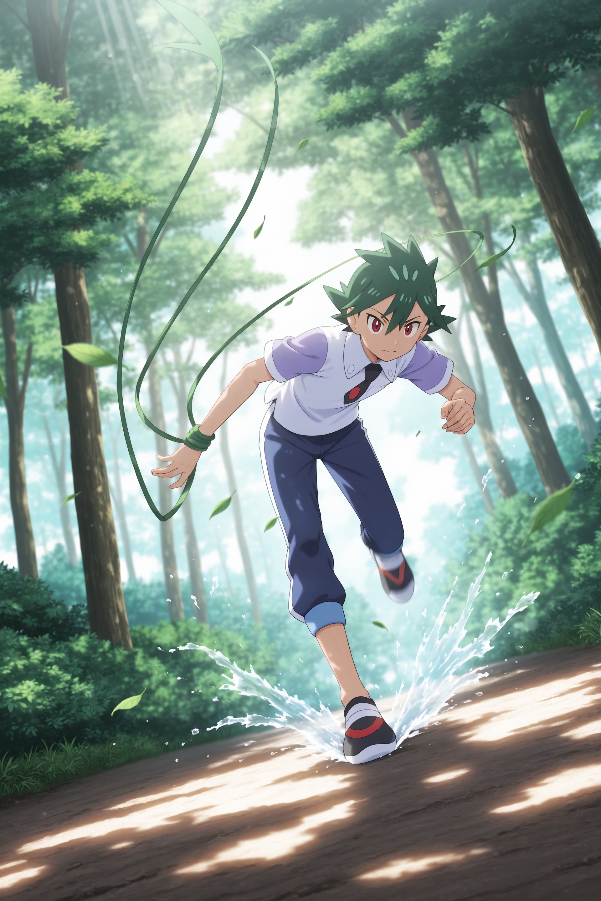 Dynamic anime action scene of Rinto from Pokémon Journeys — teenage,  slim build,  green spiky hair trailing on Tensor.Art