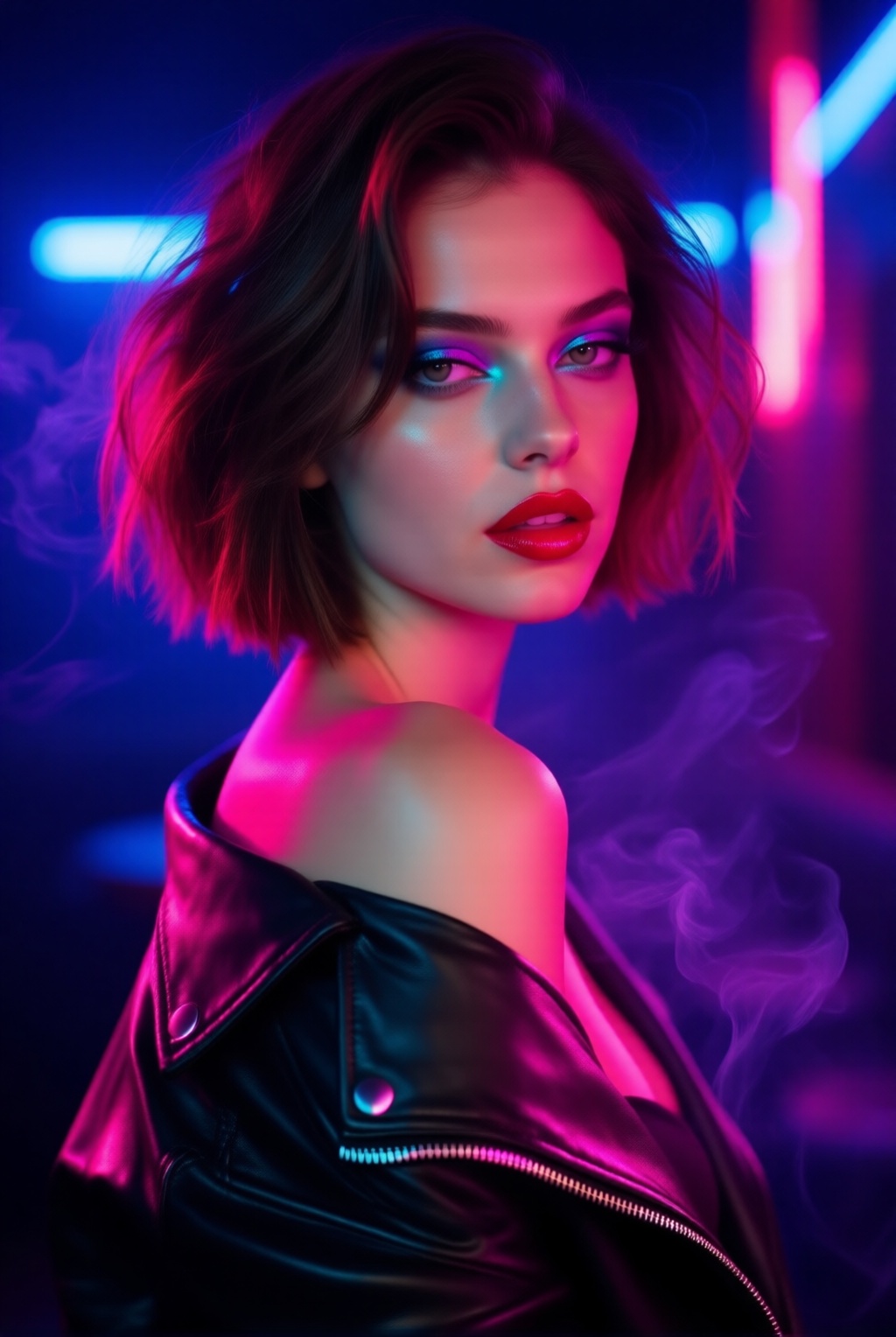 chic 20yo woman,  tousled short brunette bob,  glossy red lips on Tensor.Art