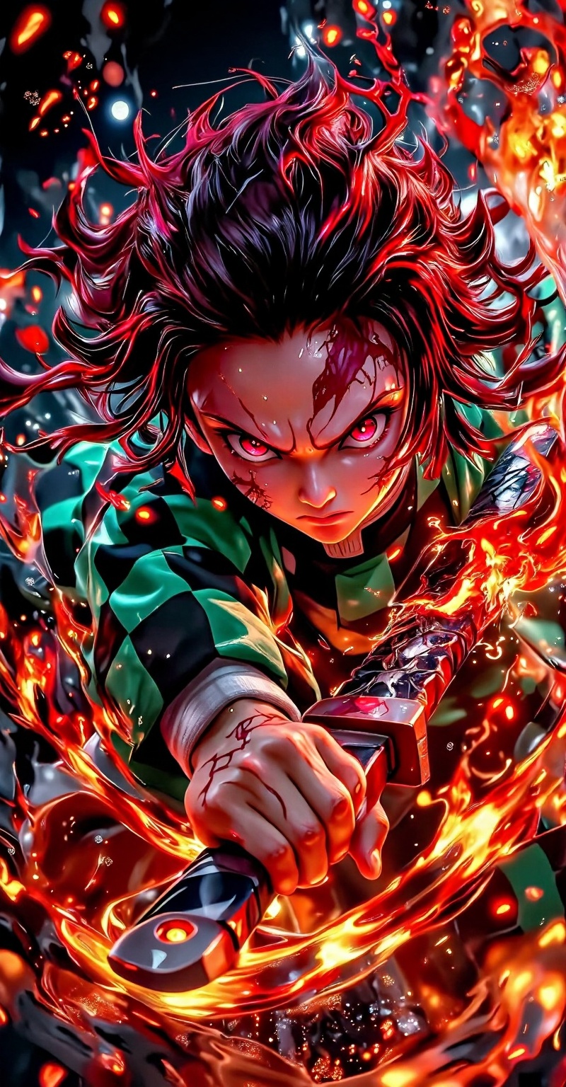 Tanjiro Kamado from Demon Slayer,  intense battle stance,  anime style. Close-up dynamic shot of Tanjiro with fierce deter...