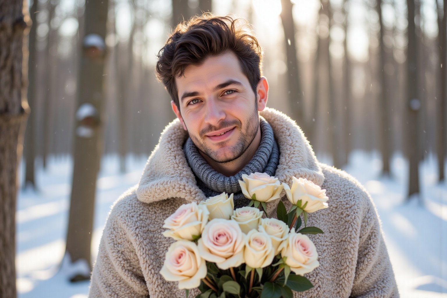 A man in a cozy sweater holds a bouquet of roses. The scene is set in a snowy forest,  with soft,  diffused light filterin...