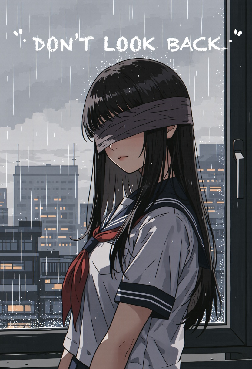 A gentle digital painting of a melancholic young woman with long,  straight black hair that covers one of her eyes. She is...