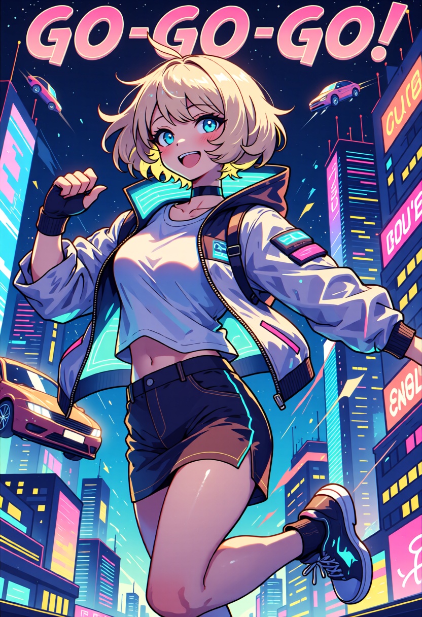 A vibrant digital illustration of a cheerful young woman with short,  spiky blonde hair and bright blue eyes. She is weari...
