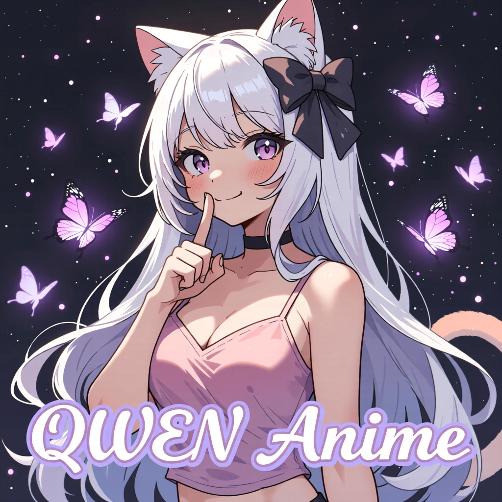 dutch angle shot of A happy girl with long white hair and cat ears on her head. shushing pose put her index finger on her...
