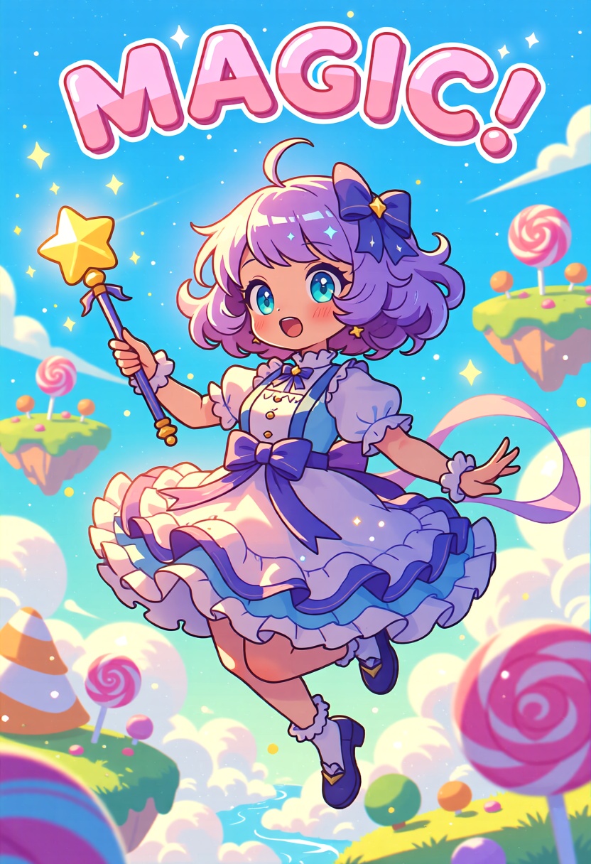A whimsical digital illustration of a magical girl with short,  curly purple hair and sparkling aqua eyes. She wears a cut...
