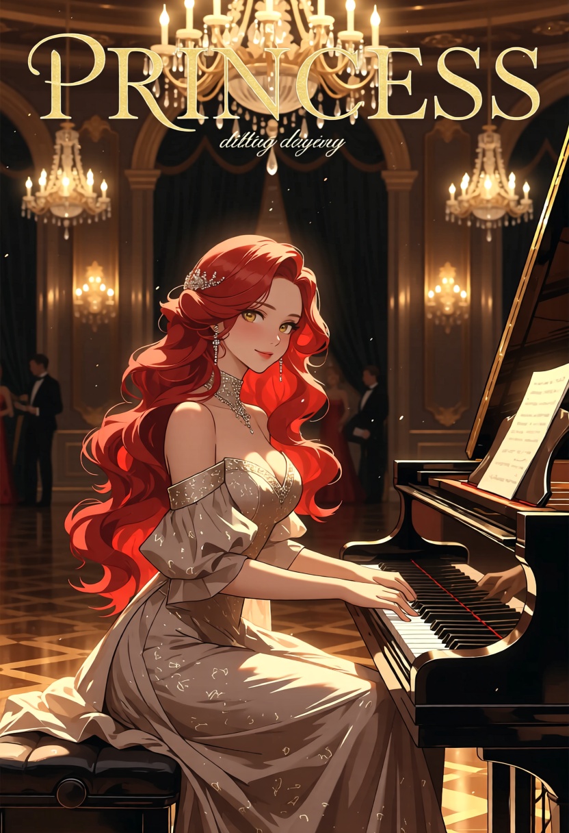 A detailed digital drawing of a beautiful young woman with long,  cascading red hair and enchanting golden eyes. She is we...
