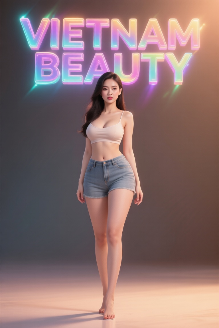 A highly detailed,  photorealistic full-body shot of a beautiful Vietnamese woman standing at 175cm tall. She has voluptuo...