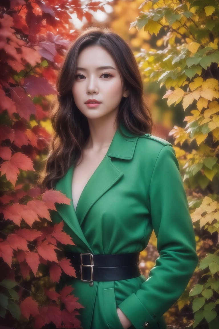 A photorealistic image featuring MikieHara standing amidst vibrant autumn foliage. She wears a bright green jacket,  contr...
