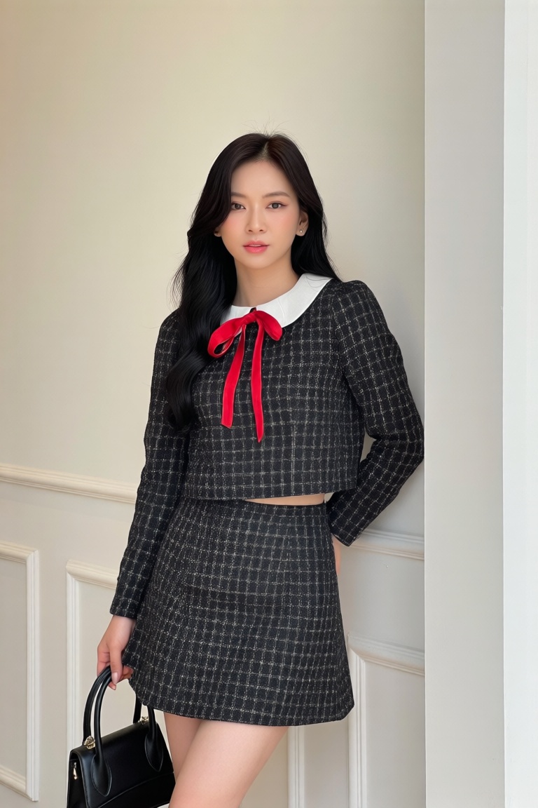 A person stands against a light-colored wall,  wearing a black checkered outfit with a white collar and a red ribbon bow....