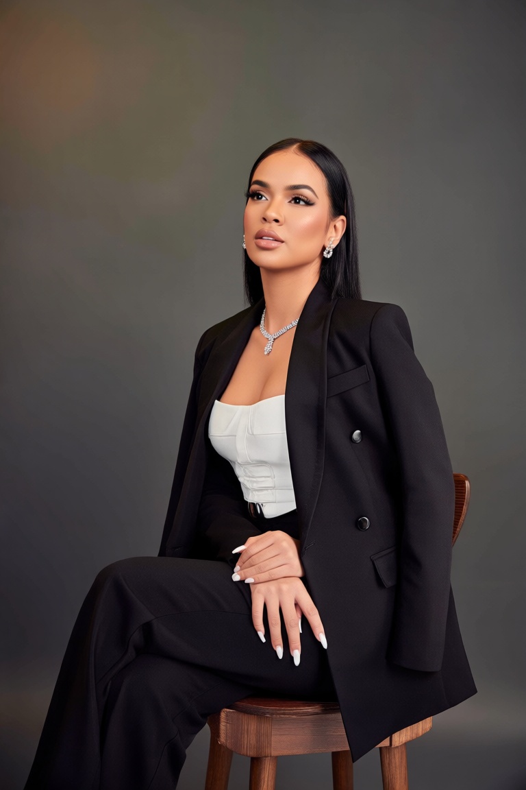 A person seated on a wooden chair,  dressed in a stylish black and white outfit with a tailored blazer and trousers. They...
