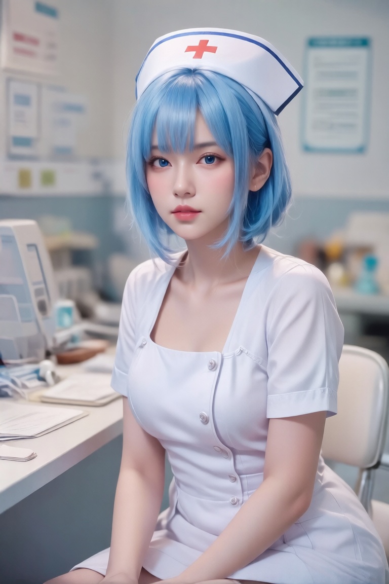 1girl,  young solo female focus in a nurses office background. She has blue hair,  neck-length style on Tensor.Art