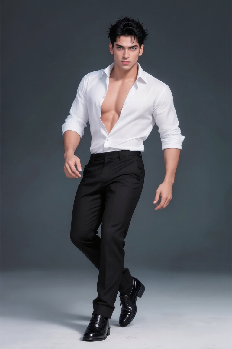 Imagine a handsome Latino man with piercing light blue eyes,  spiky black hair,  and a subtly muscular physique. Dress it...
