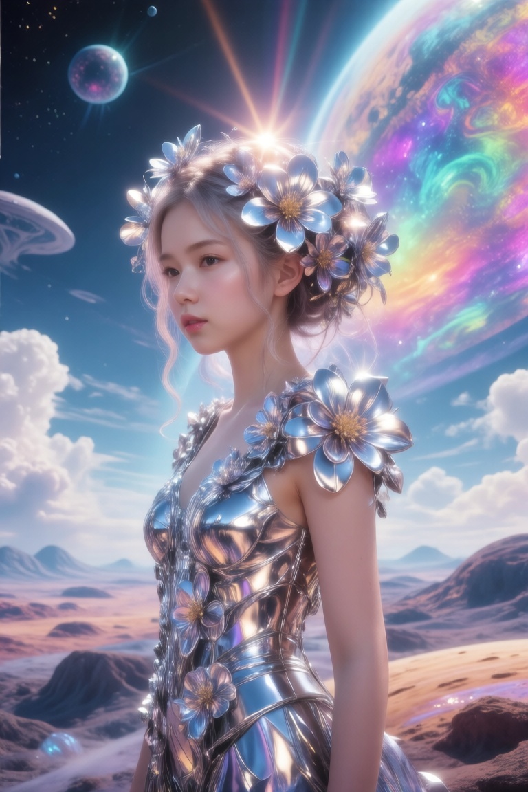 Ultra high definition rendering of a mesmerizing scene: A girl with gleaming chrome flowers woven into her hair stands tal...