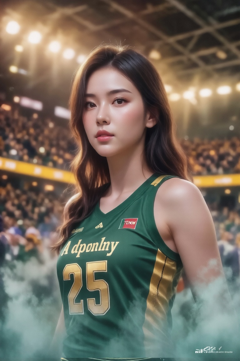 A highly detailed 16k professional poster featuring a beautiful and perfect-faced female athlete in a green jersey with go...