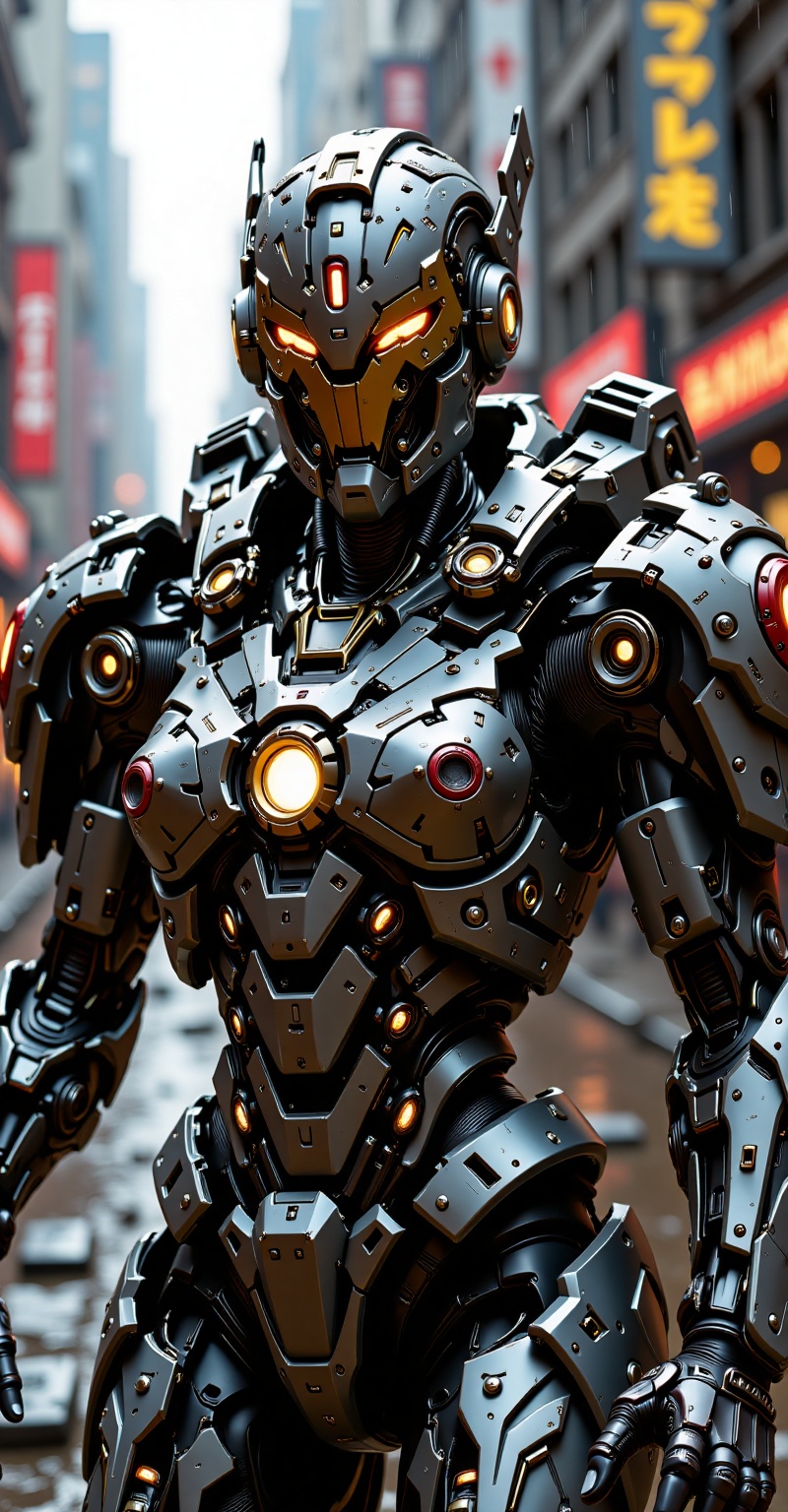 A futuristic knight in ultra-detailed,  high-tech armor with glowing circuitry lines,  battle-worn metallic surface with r...