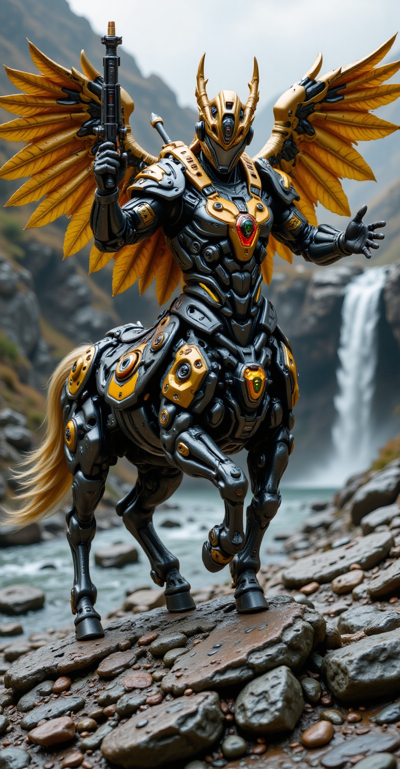 a black and grey mecha-armor Sagittarius centaur knight with yellow accents aiming with a Compact plasma cannon launcher,...