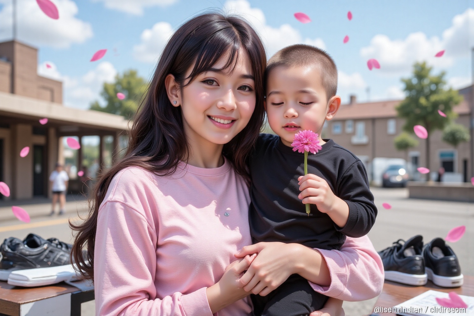 A young girl with long,  black hair and a pink shirt smiling,  standing in an outdoor setting under a clear sky with cloud...