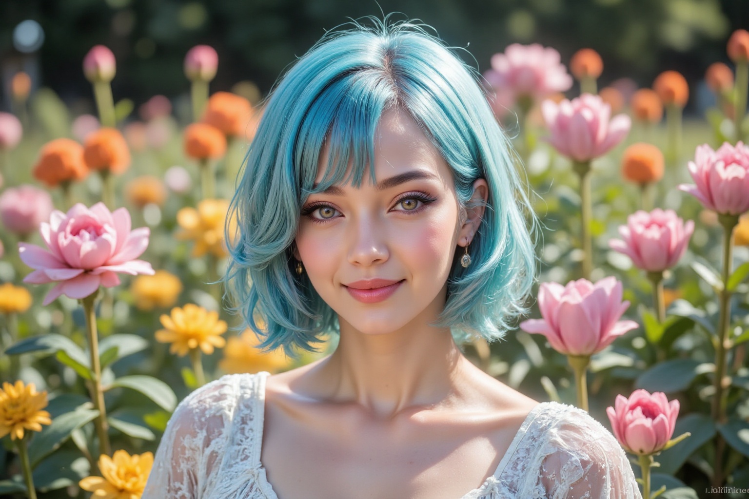 A close-up shot of a young woman with short,  aqua blue hair,  stunning eyes on Tensor.Art