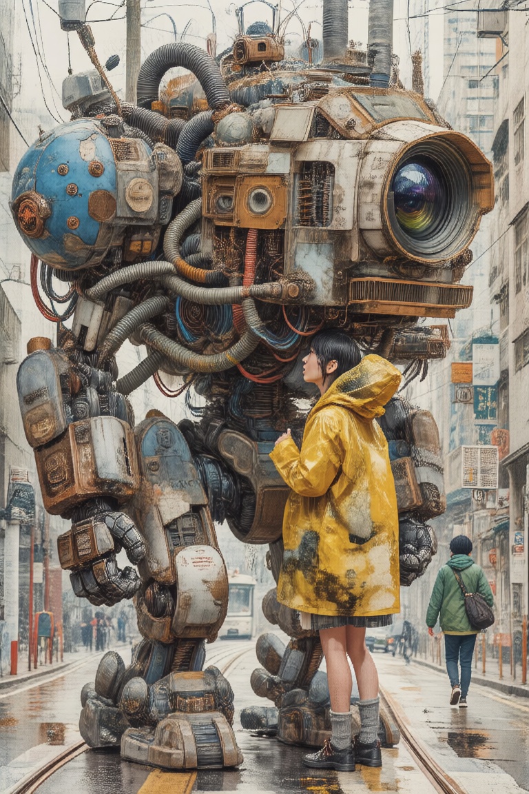 The image depicts a large,  intricate robot standing in the middle of a city street. The robot is composed of various mech...