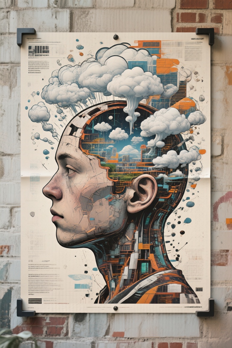 a human head cut off in the middle. A poster work with thoughts coming out of it,  Digital wall decor on Tensor.Art