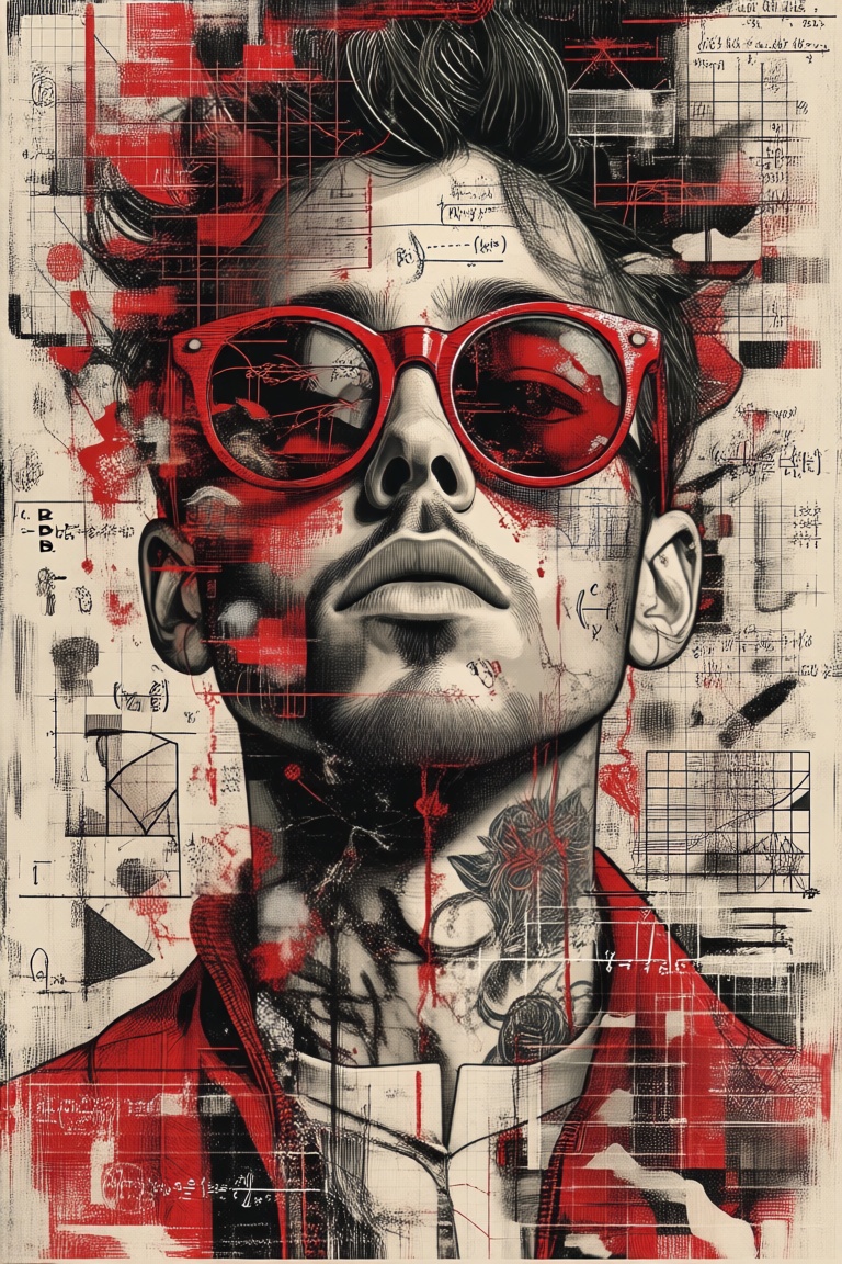 The image depicts a stylized illustration of a man wearing red sunglasses and a red jacket. His face is partially obscured...
