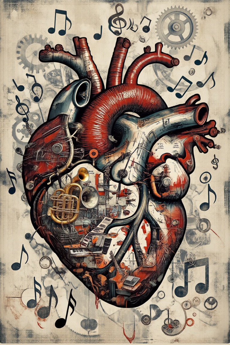The image depicts a stylized,  artistic representation of a human heart,  which is intricately designed to include musical...