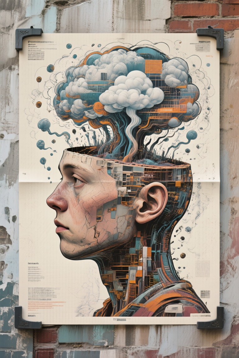 a human head cut off in the middle. A poster work with thoughts coming out of it,  Digital wall decor on Tensor.Art