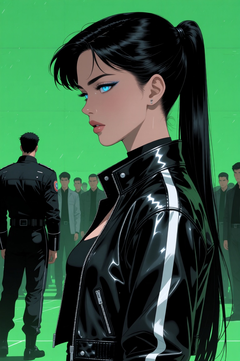 txznretro,  Captured in a digital art style a woman with long black hair and blue eyes stands in front of a green screen....
