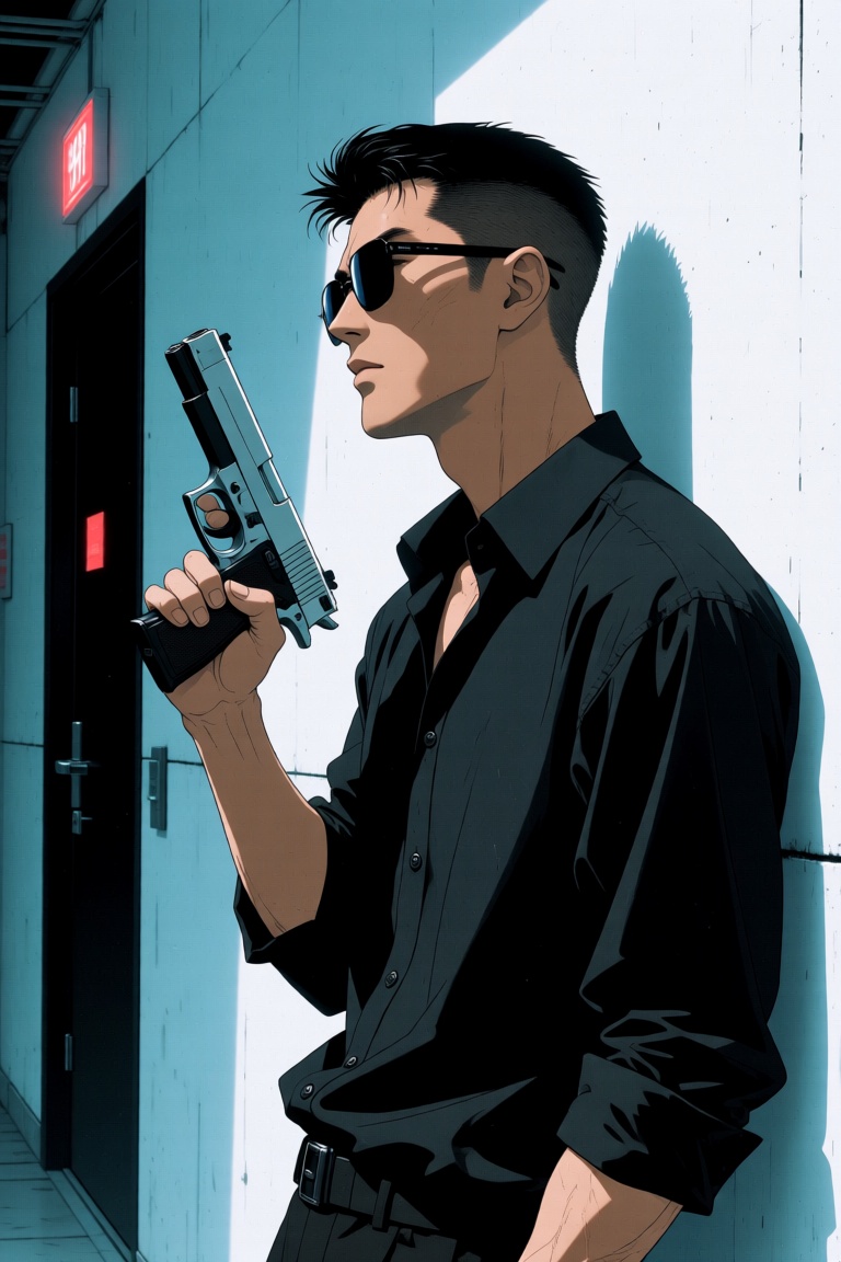 txznretro,  a young Asian man dressed in a black button-down long-sleeved shirt is holding a gun in his left hand. He is w...