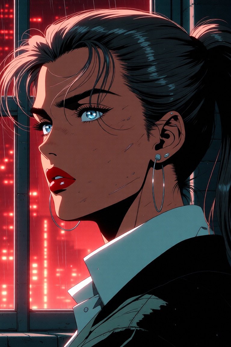 txznretro,  An animated cartoon image of a woman's face. The woman's eyes are blue and her hair is dark brown. Her lips ar...
