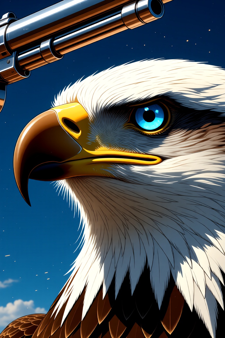 txznretro,  A close-up of a painting of an eagle's face. The eagle's eyes are a piercing blue and the eagle's fur is a mix...