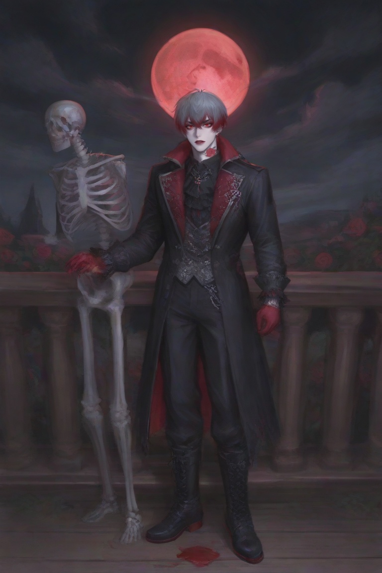 man dull gray hair with pink and red highlights,  red eyes,  medium rose tattoo on neck with black and deep red shading on...