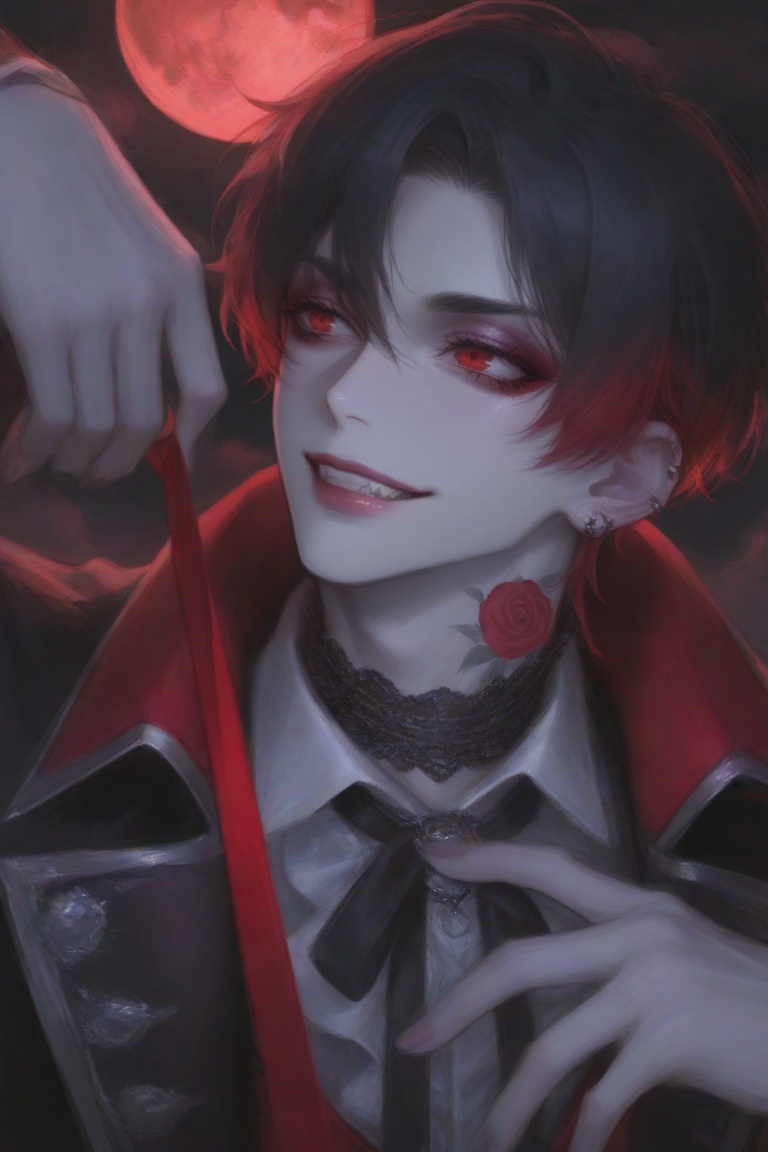 man dull gray hair with pink and red highlights,  red eyes,  medium rose tattoo on neck with black and deep red shading on...