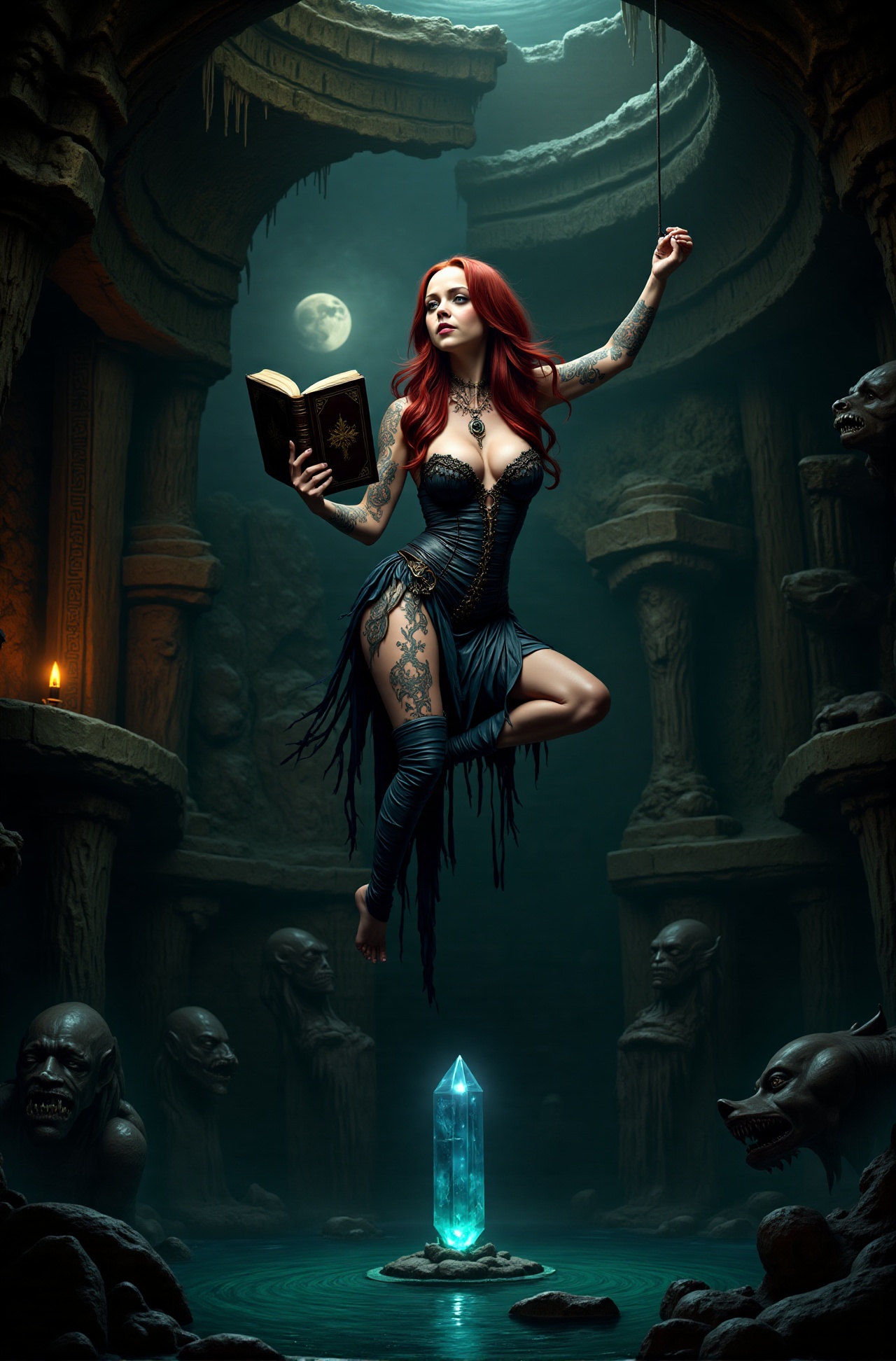 Christina Grimdark,  an enigmatic seductress,  draped in a tapestry of shadow and moonlight within the ancient on Tensor.Art