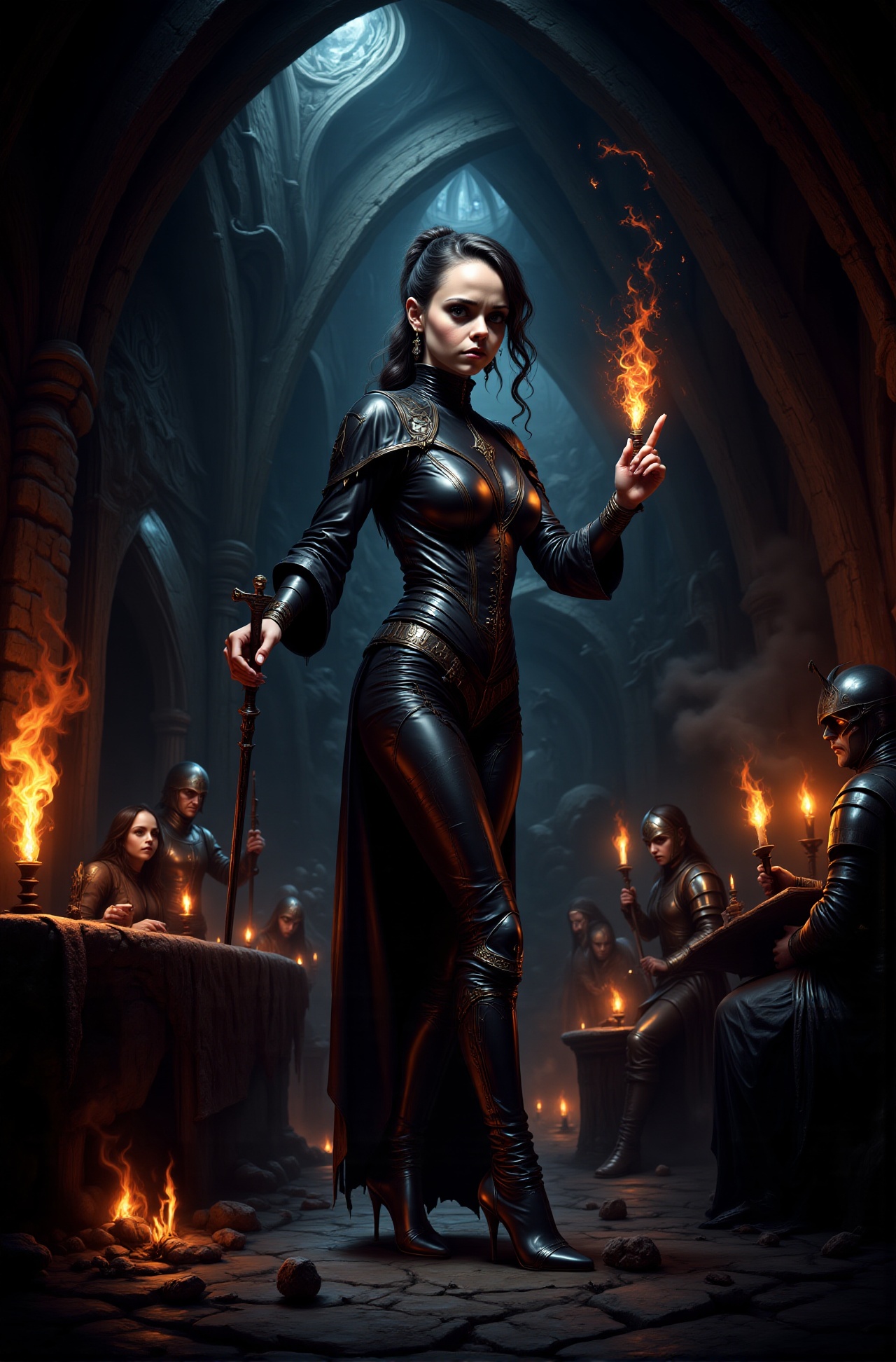 Christina Grimdark is attired as a Dark Fantasy Sorceress,  a Gothic mage blending the elegance of a French Femme Fatale w...