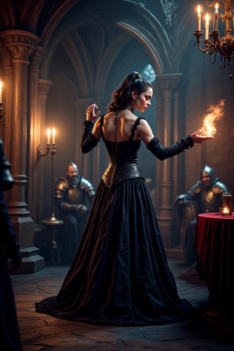Christina Grimdark is attired as a Dark Fantasy Sorceress,  a Gothic mage blending the elegance of a French Femme Fatale w...