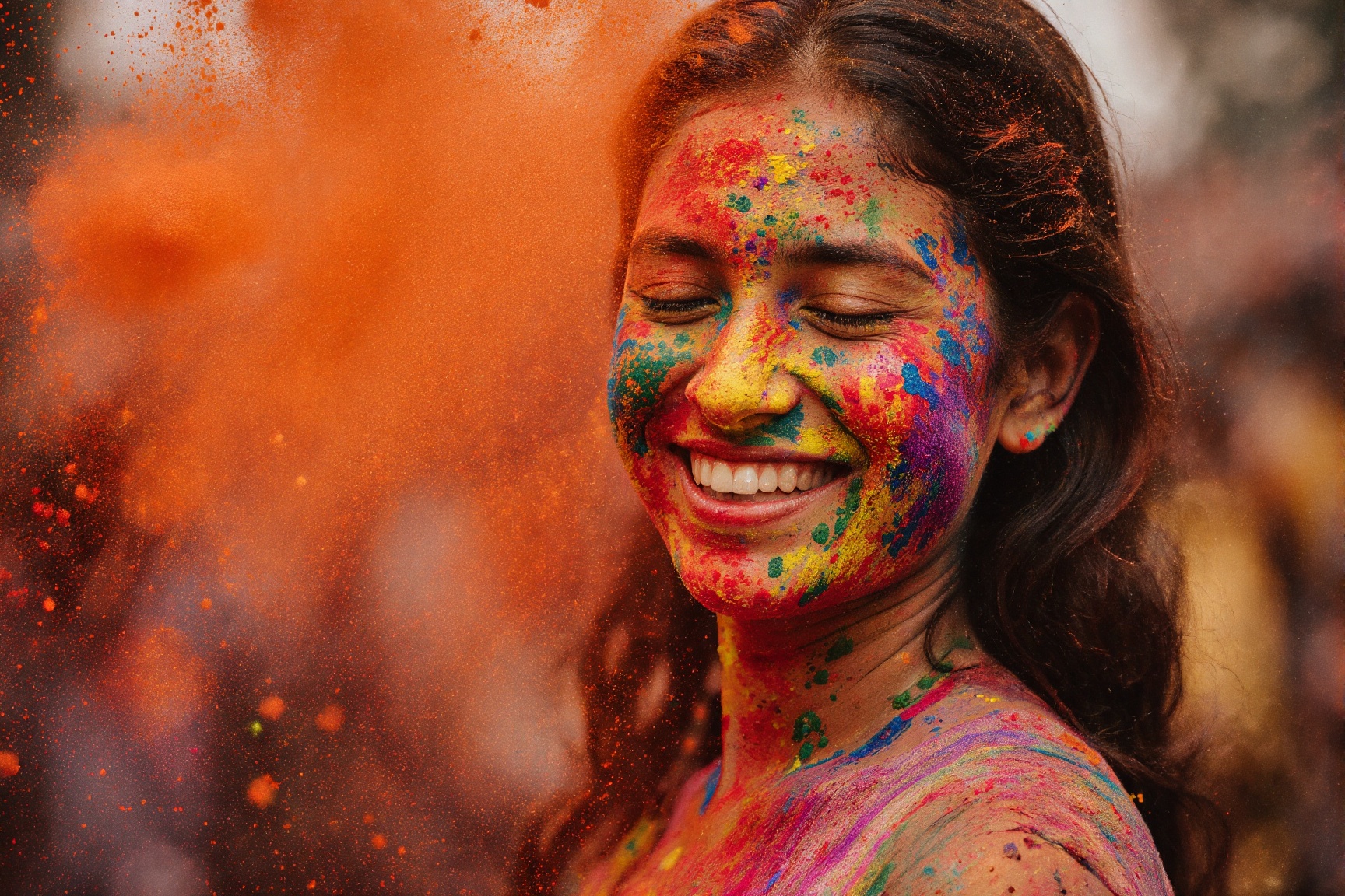 A joyful woman celebrating Holi,  her face covered in vibrant splashes of red,  yellow on Tensor.Art