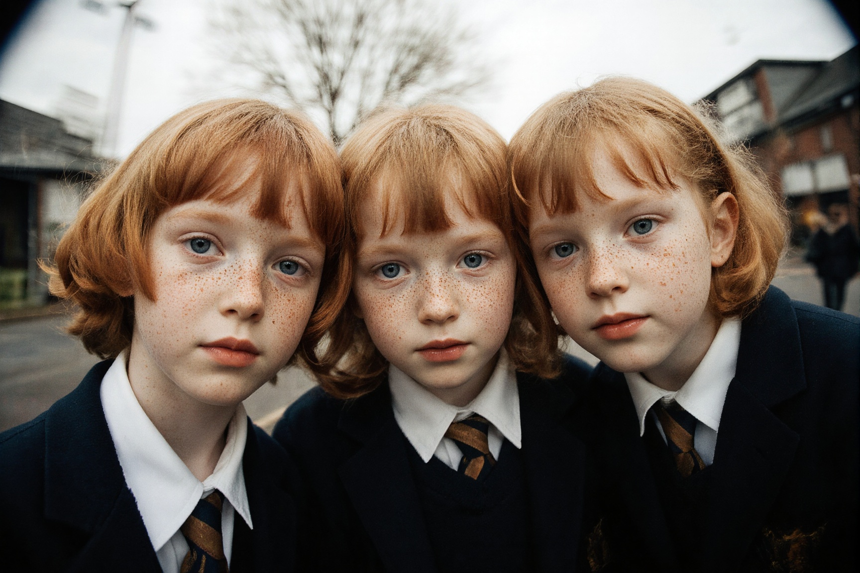 Three young children with pale skin,  vivid blue eyes,  and natural freckles on Tensor.Art
