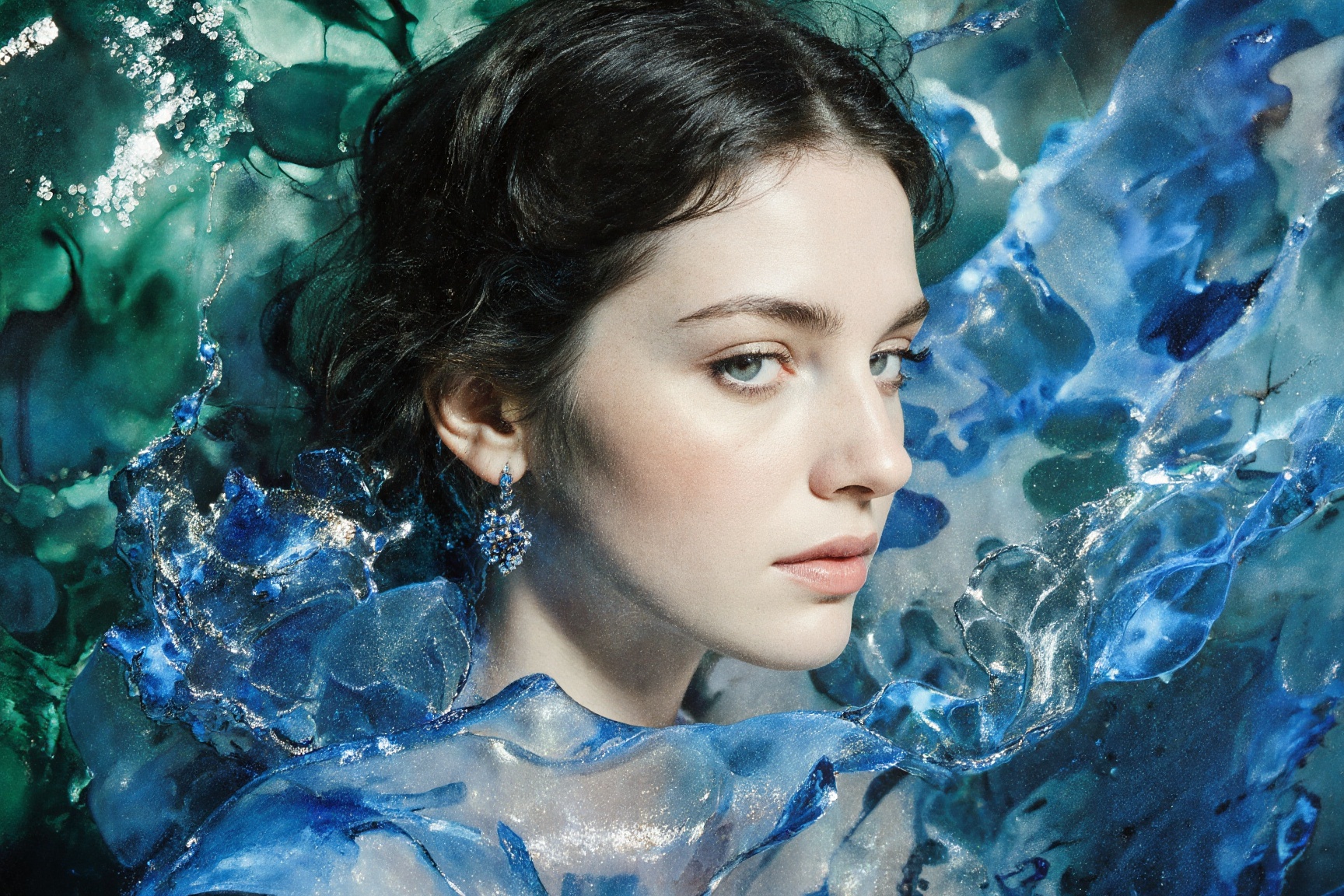 cinematic still Alcohol ink masterpiece,  woman's form emerging from cascading blues,  translucent layers suggesting drape...