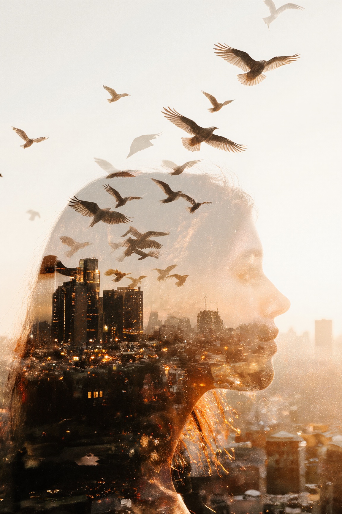 An artistic double-exposure image of a woman’s profile dissolving into a flock of birds flying over a sunset-lit city. The...