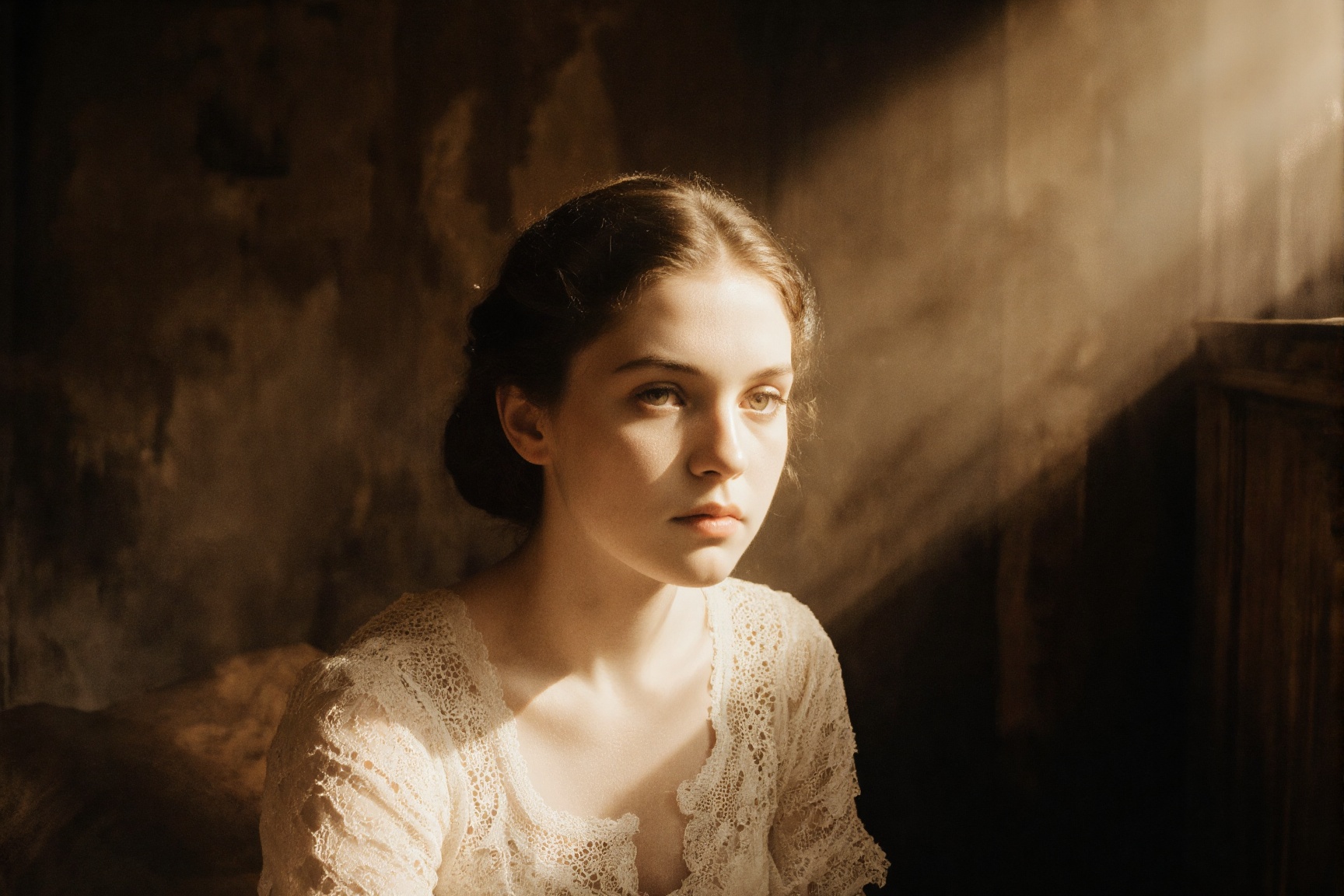 A haunting,  cinematic portrait of a young woman sitting solemnly in an old room,  dressed in a vintage lace gown. A drama...