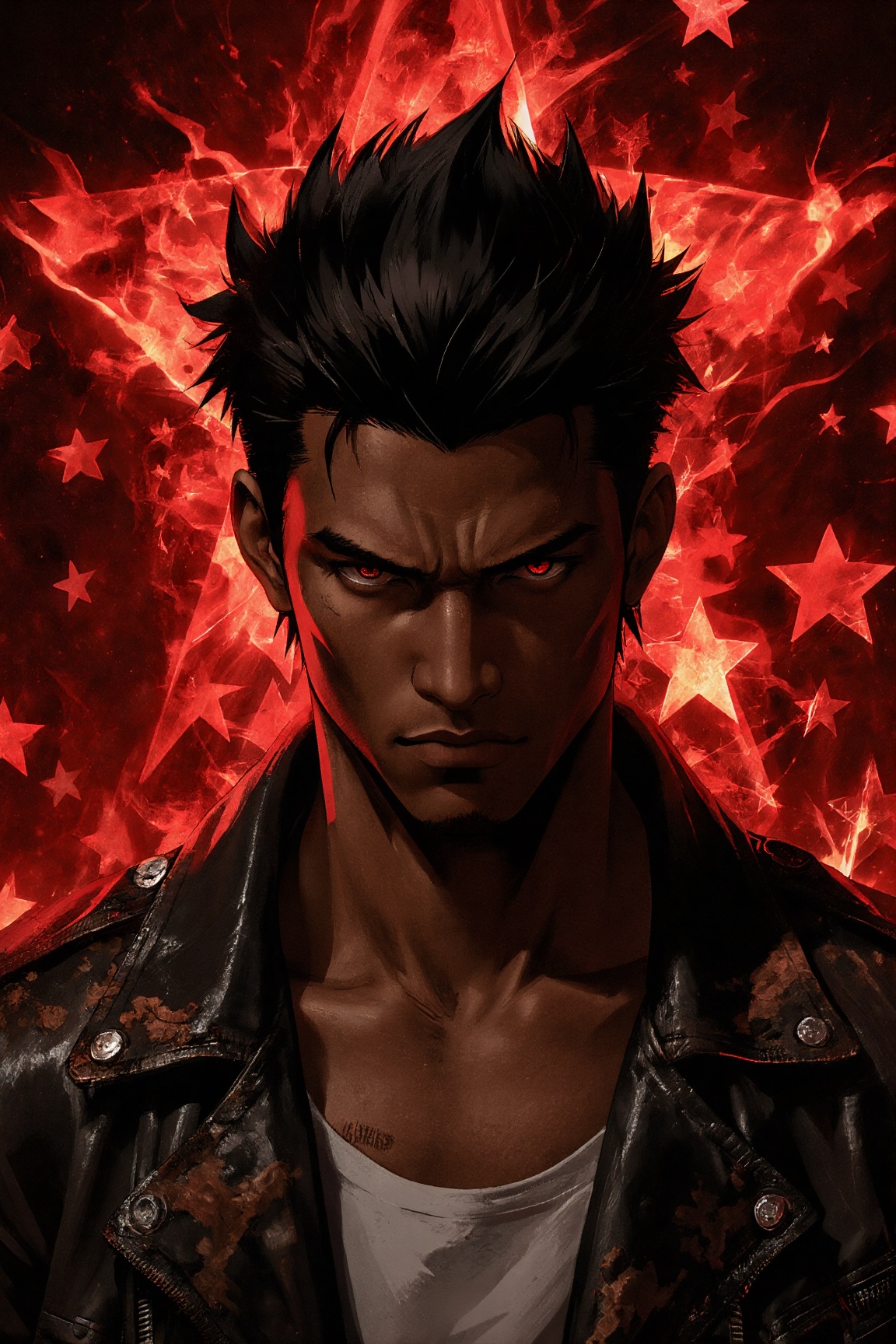 Anime character portrait,  a stern-faced African male with short,  spiky black hair on Tensor.Art