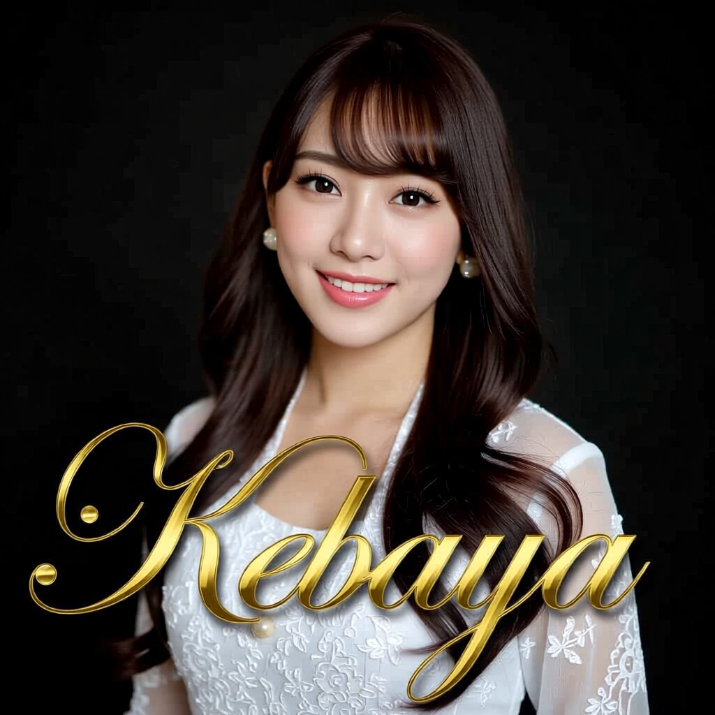 proffessional shot of beautiful young japanese long haired woman with bangs,  she is smiling gently wearing white kebaya i...