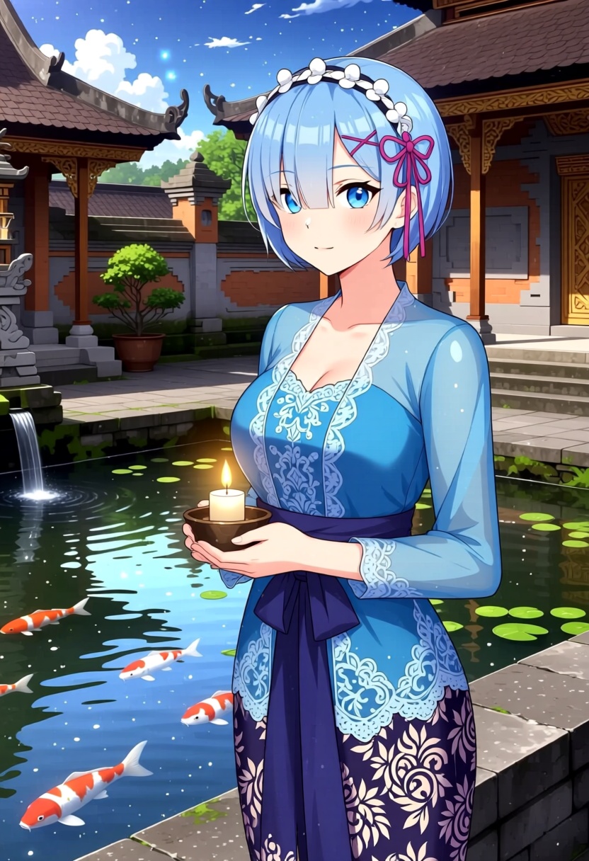 Anime illustration of Rem from Re wearing a blue kebaya with lace detailing,  standing by a koi pond in a temple courtyard...