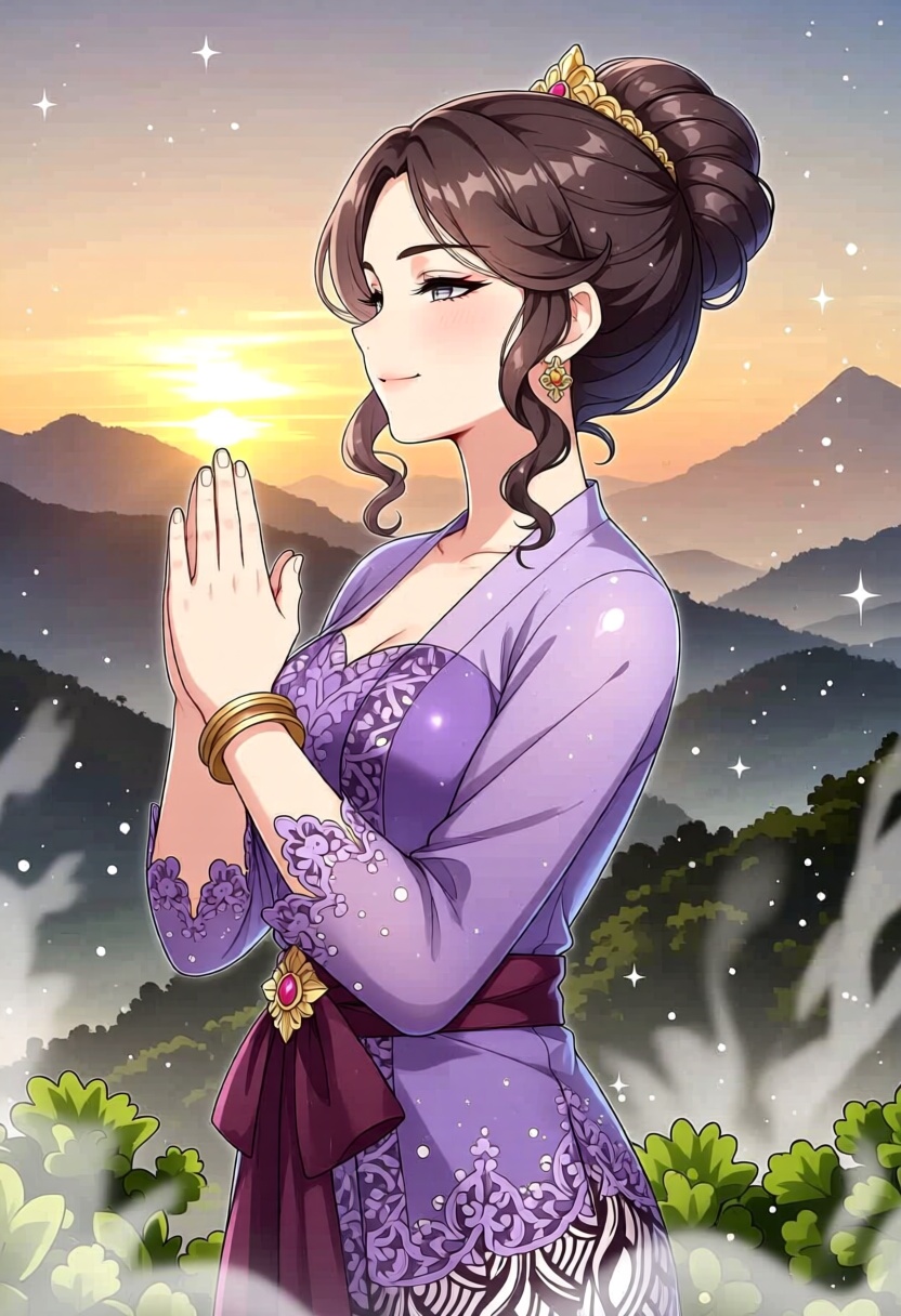 Anime illustration of a woman with curly hair in an elegant bun,  wearing a lavender kebaya. She’s seen against a mountain...
