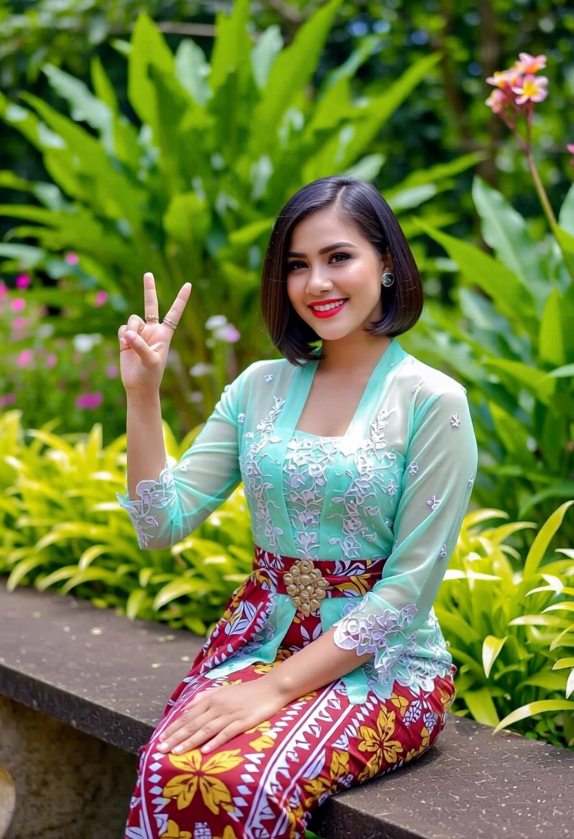 Photograph of a woman with short bobbed hair in a pastel green kebaya,  sitting on a stone bench in a botanical garden,  s...