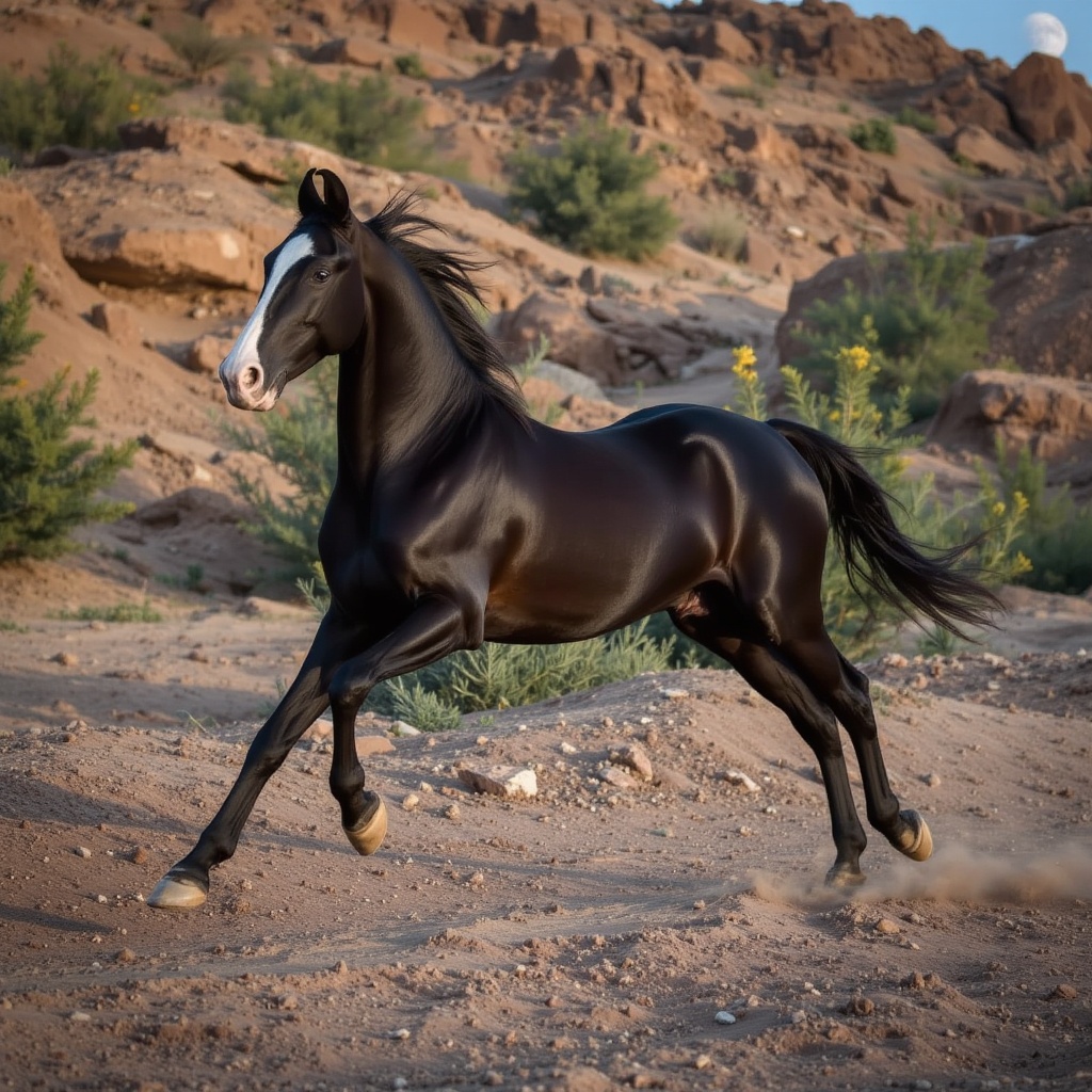 Cinematic style,  ultra high resolution. A jet-black Marwari horse runs across a barren landscape. Overhead diagonal angle...