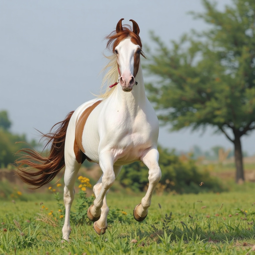 Ultra-realistic. A chestnut Marwari horse runs dynamically across a green meadow. Frontal view,  low upward angle,  showin...