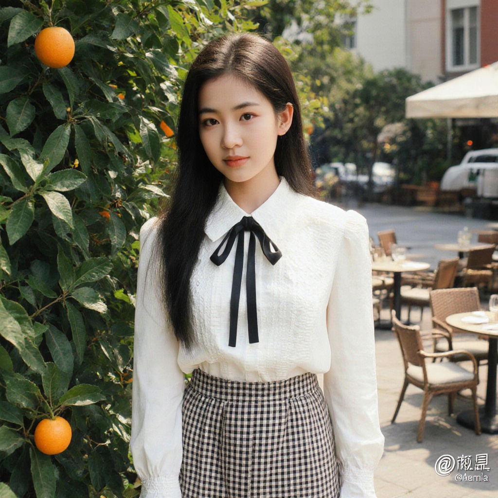 The image shows a young woman standing outdoors,  dressed in a white blouse with a black ribbon bow and a plaid skirt. She...
